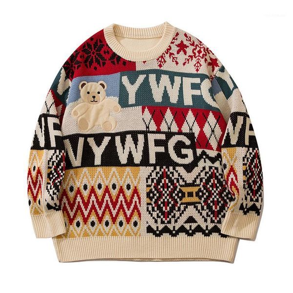 

men's sweaters bear embroidery sweater harajuku o neck pullover retro christmas couple knitted 2021 fall/winter winter loose pull homme, White;black