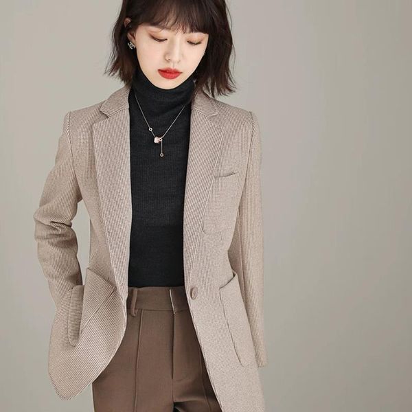 

women's wool & blends khaki blazer women woolen jacket suit 2021 autumn and winter slim design clothing with pockets, Black