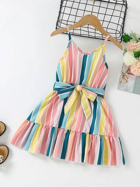 

toddler girls vertical striped ruffle hem belted cami dress she, Red;yellow