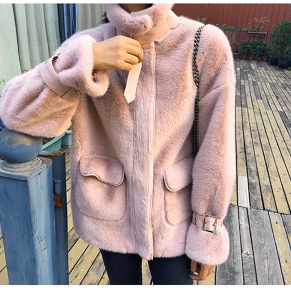 

women's fur & faux thick warm coat winter fashion o-neck jacket fluffy plus size solid color elegant plush coats outerwear, Black