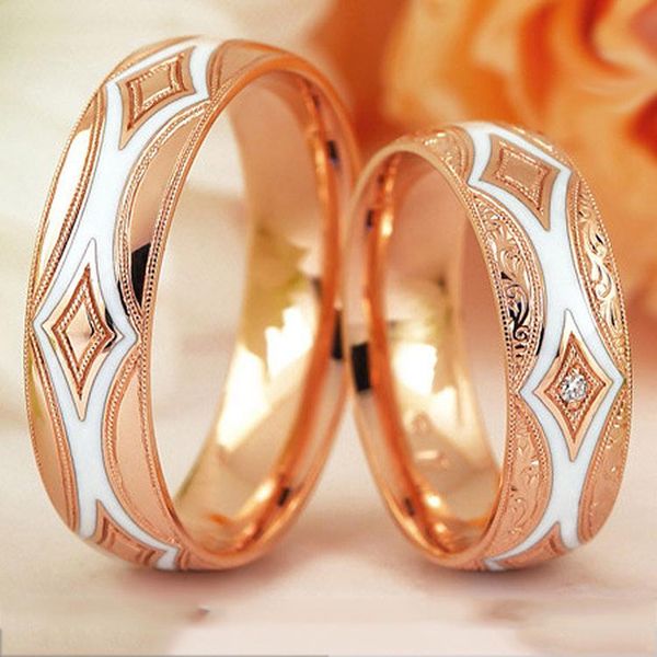 

wedding rings rose gold rhombus stripe couple engagement anniversary band accessories valentine's day jewelry gifts, Slivery;golden