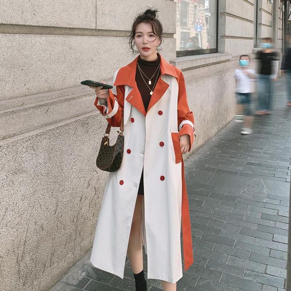 

women's trench coats fashion lady coat long double-breasted with belt duster for women spring fall outerwear female clothes patchwork, Tan;black