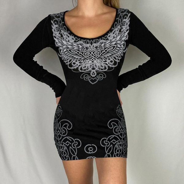 

casual dresses women long sleeve skinny dress vintage printing round neck pullover short, Black;gray