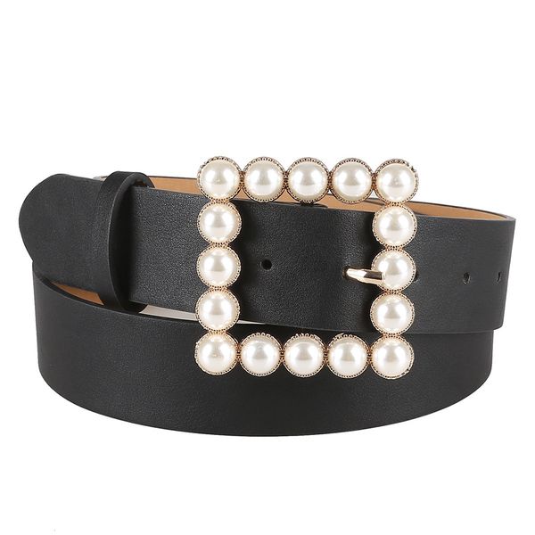 

women's new fashion versatile high-end accessories belt japanese button inlaid pearl square button decoration fashion belt women, Black;brown