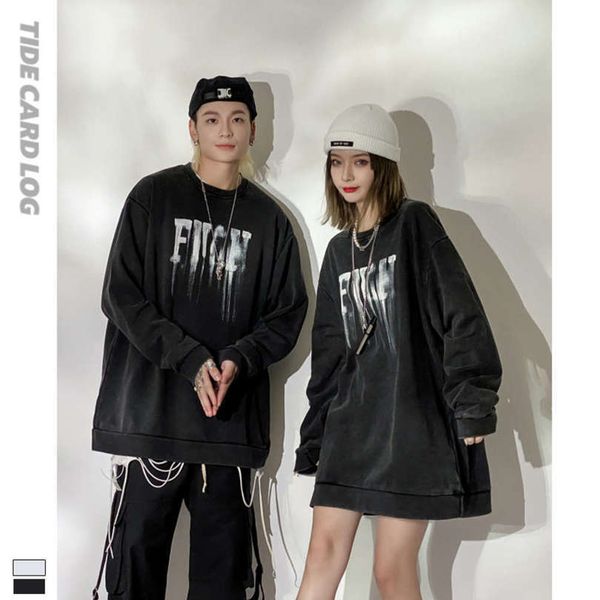 

autumn winter new street wash black sweater letter art spray printing round neck men's and women's bottom