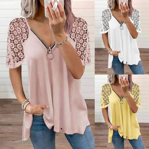 

women's blouses & shirts womens zipper blouse vintage short sleeve 2021 v-neck collar solid fashion fold casual blusas y camisas, White
