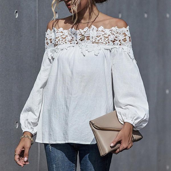 

women's blouses & shirts autumn lace slash neck patchwork blouse solid lantern long sleeve female 2021 fashion streetwear lady, White