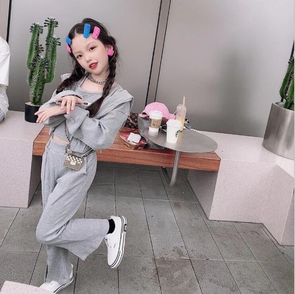 

clothing sets 2021 korea style girls 3 pcs set hooded coat+vest+flare pants cotton fashion autumn suit 3-9t b477, White