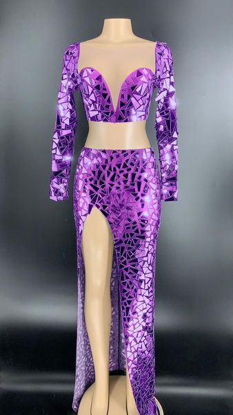 

women stage silver mirror transparent chest t-shirt long skirt set bar prom birthday celebrate women dance outfit set, Black;red