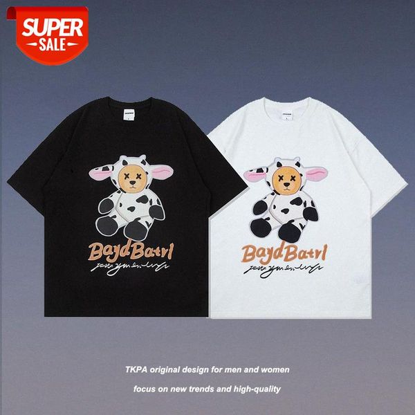 

country bear cow print compassionate male ins hip-hop street loose casual couple short-sleeved t-shirt #9e9k, White;black