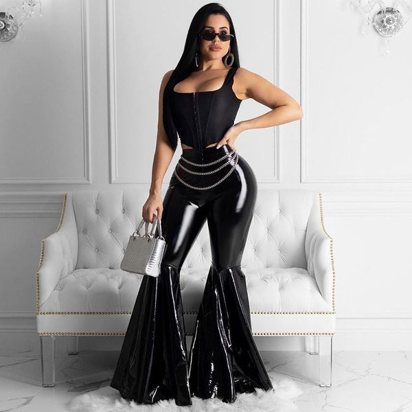 

2021 new black pu faux leather women high waist flare bell bottom ladies trousers streetwear ny party club pants pantalon opo6, Black;white
