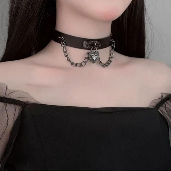 

chokers gothic heart lock leather choker necklaces for women girls retro vintage punk hip hop neckalce fashion jewelry gifts, Golden;silver