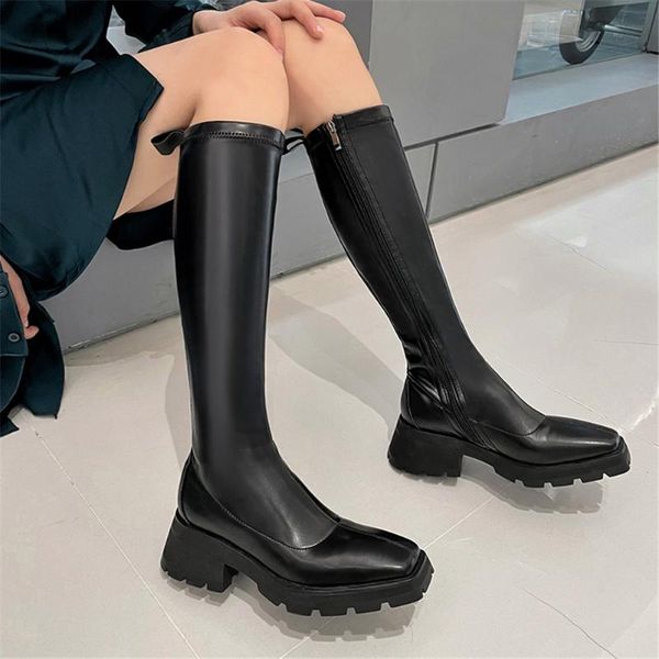 

boots 2021 spring autumn fashion solid woman knee high genuine leather cow platform concise leisure zipper shoes, Black