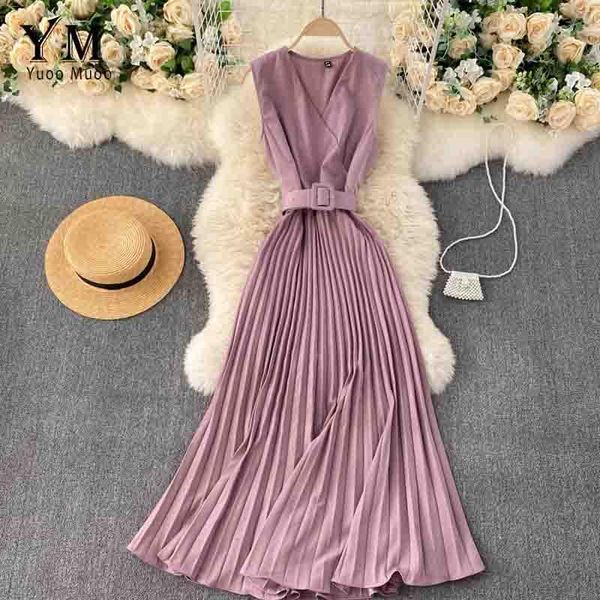 

casual dresses fashion maxi party dress elegant sleeveless summer women pleated long with belt korean, Black;gray
