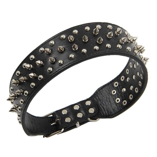 

dog collars & leashes pu leather spiked studded collar 2" wide 31 spikes 52 studs-black m