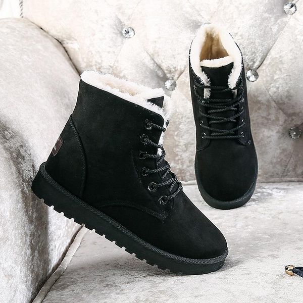 

boots snow 2021 warm fur plush insole women winter square heels flock ankle shoes lace-up woman, Black