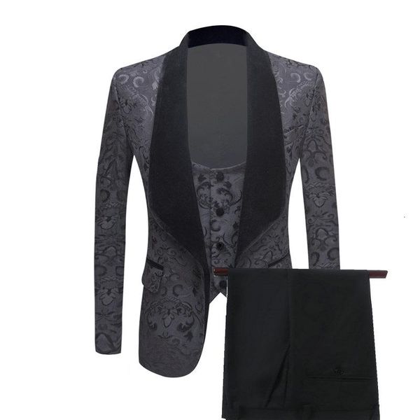 

men's suits & blazers fashion black floral wedding tuxedo for groom 3 piece slim fit men velvet shawl lapel custom male costume jacket, White;black