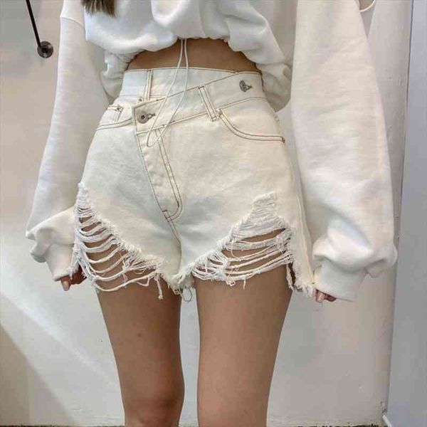 

retro high waist jeans summer women short chic white denim ripped harajuku streetwear trouser, White;black