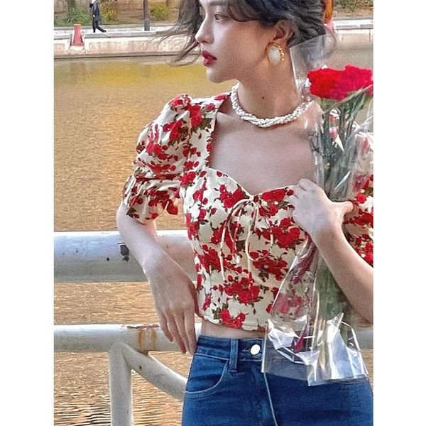 

women's blouses & shirts 07421 rose print crop summer women retro fashion square collar french puff short sleeves casual slim fit offi, White