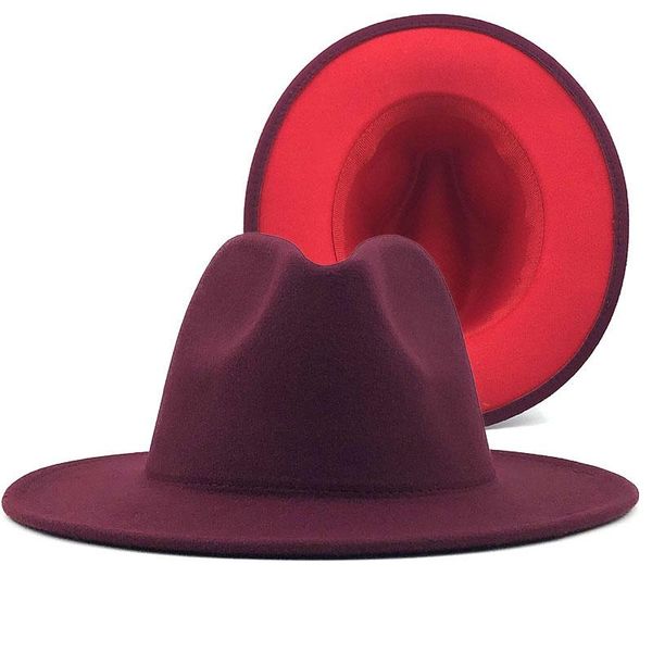 

wide brim hats outer wine red inner wool felt jazz fedora with thin belt buckle men women panama trilby cap 56-60cm, Blue;gray
