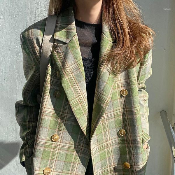 

vintage loose women plaid blazer 2021 autumn chic double breasted female long sleeve suit jackets stylish ladies women's suits & blazer, White;black