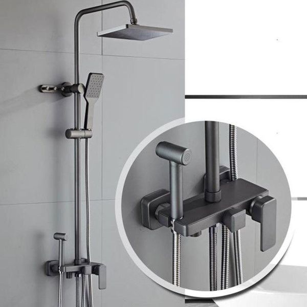 

matte gray bathroom shower faucet set wall mount rainfall shower mixer tap bathtub mixer tap hower with hooks