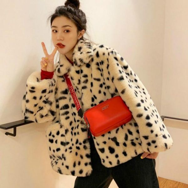 

women's fur & faux women lambswool mink jacket leopard bomber coat winter covered buttons plush parka cardigan, Black