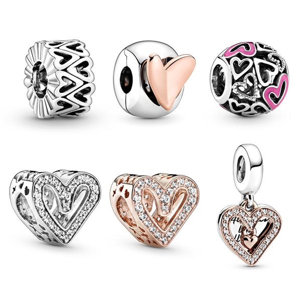 

new 100% 925 sterling silver pan sparkling and heart dangle charms diy openwork valentine's day gift q0531, Black
