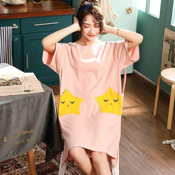 

cute women cotton nightgown sleepwear star pocket short sleeve short girl night gown female sleeping dress lady sleep wear, Black;red