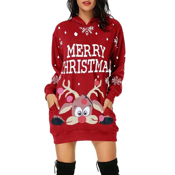 

casual dresses merry christmas printed mini dress ladies winter pocket crew neck vestidos hooded streetwear warm long sleeve robes, Black;gray