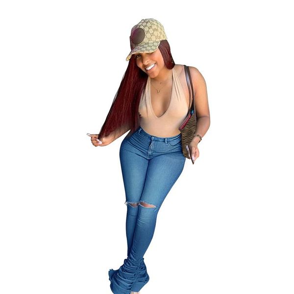 

women stacked leggings casual high waist skinny ruched bell bottom denim pants with ripped holes autumn/spring jeans loungewear, Blue