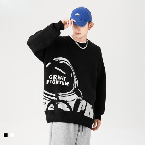 

men's sweaters japanese clothing astronaut jacquard pattern sweater for men 2021 autumn winter trendy brand round neck male, White;black
