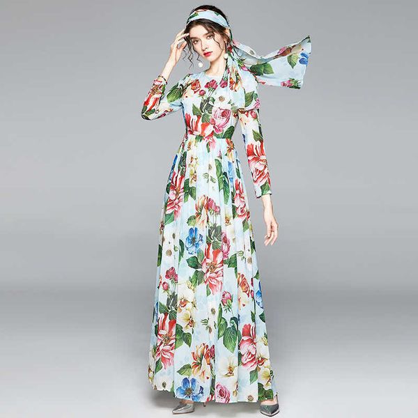 

sell summer runway floral print long sleeve women party casual high waist maxi dress with belt 210529, Black;gray