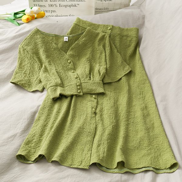 

2021 vintage green/yellow/beige two piece set women casual v-neck short sleeve and high waist skirt female elegant fashion suit zvg0, Black;gray