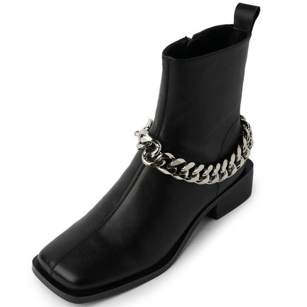 

boots side zipper ankle fall 2021 genuine leather chain for women office lady working thick mjed heels shoes woman, Black