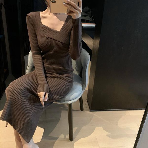 

neploe lady dress woman knit high waist slim vestidos solid color long sleeve bodycon elegant robe dresses for women 4g382, Black;gray
