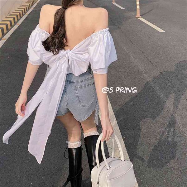 

large bow back design blouse short trim with short-sleeved shirt summer korean version of the white 210529