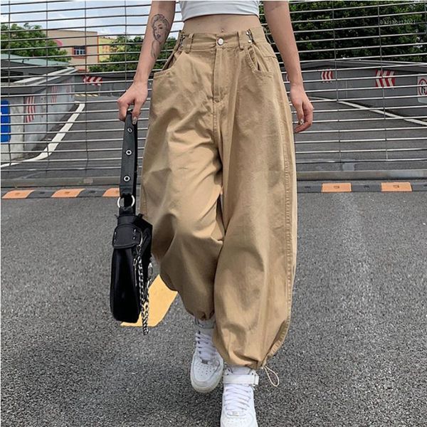 

women's pants & capris fashion khaki oversized cargo y2k hip hop style adjustable waist drawstring long pant streetwear 90s autumn loos, Black;white