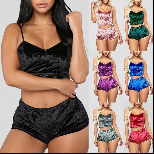 

velvet 2 piece outfit strap crop shorts set elastic short pants lingerie sets interior pyjamas women home cloth, Gray
