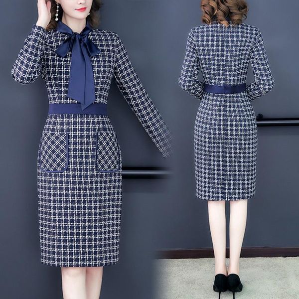 

casual dresses 2021autumn winter runway designers fashion bowknot plaid tweed woolen dress woman clothes vestidos, Black;gray