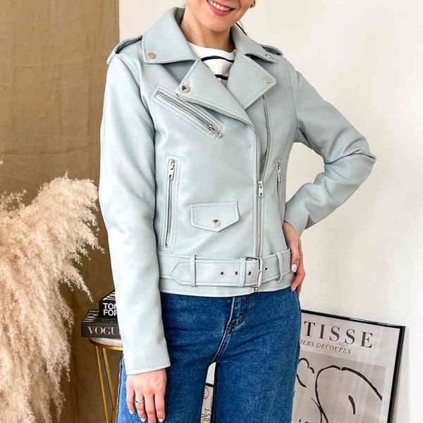 

women's leather & faux spring autumn women fashion blue black jacket solid zipper with belt biker coat female casual outwear ladie