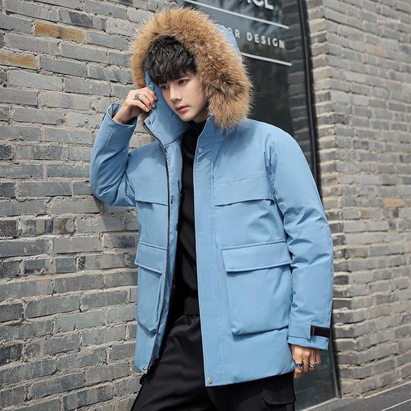 

down jacket men's short hooded youth white duck work clothes coat large hairy collar thickened wear1, Black
