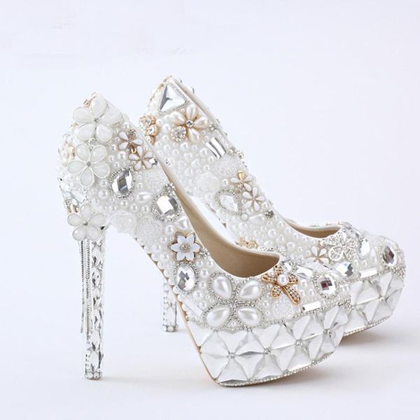 

dress shoes flower tassel pendant 14cm high heel prom party bride wedding event pumps white pearl bridal, Black