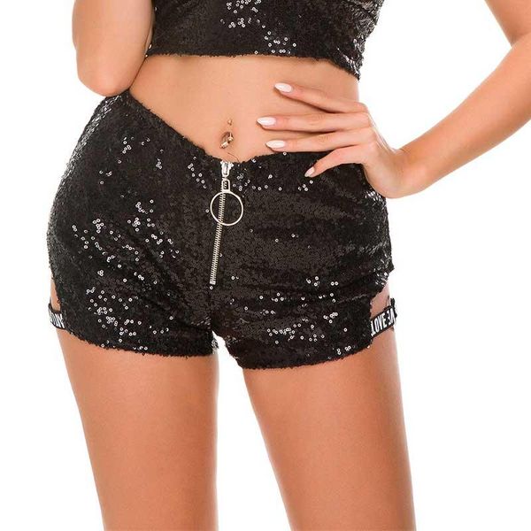

women's shorts women 4 colors sequin mini dance punk club sparkly paillettes shiny side letter ribbon hollow high waist, White;black