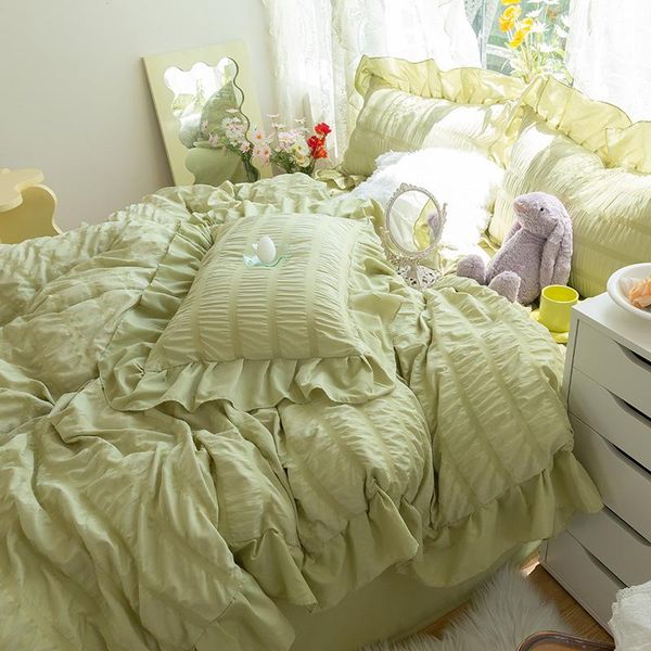

bedding sets luxury super soft seersucker fabric princess ruffle set  king size quilt duvet cover and pillowcases double bed