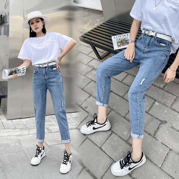 

fashion jeans spring 2021 new patch cloth harem female thin nine stitches pants send belt sz9h, Blue