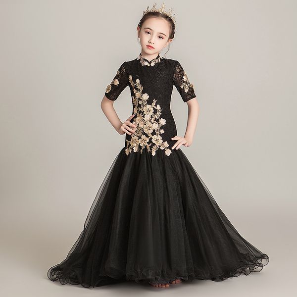 

black mermaid flower girl dress for wedding gold lace appliqued little girls dresses party first holy communion gown baby pageant dress, White;blue