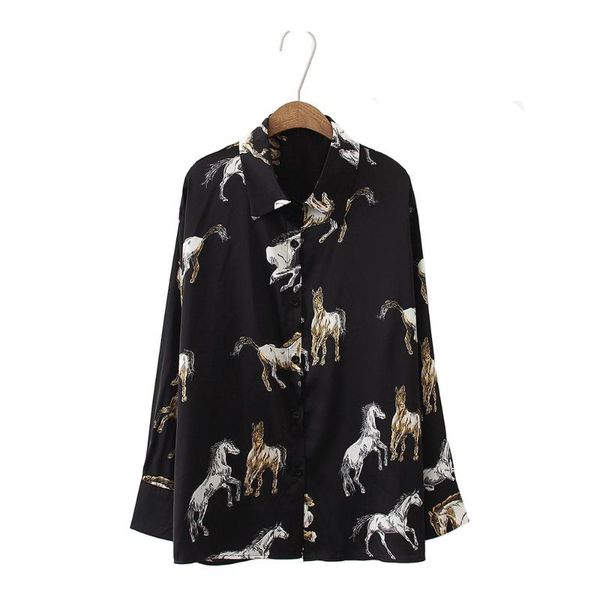 

women's blouses & shirts 2021 spring &summer woman horse print satin long sleeve shirt, White