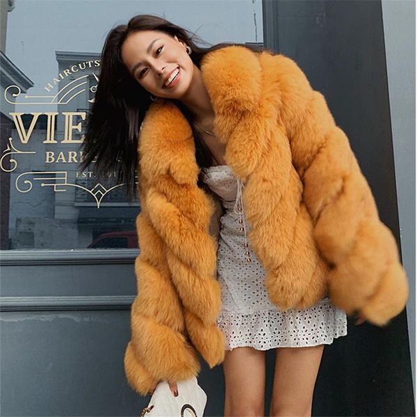 

women's fur & faux 2021 style women natural jacket with collar twill whole skin orange color genuine winter coat, Black
