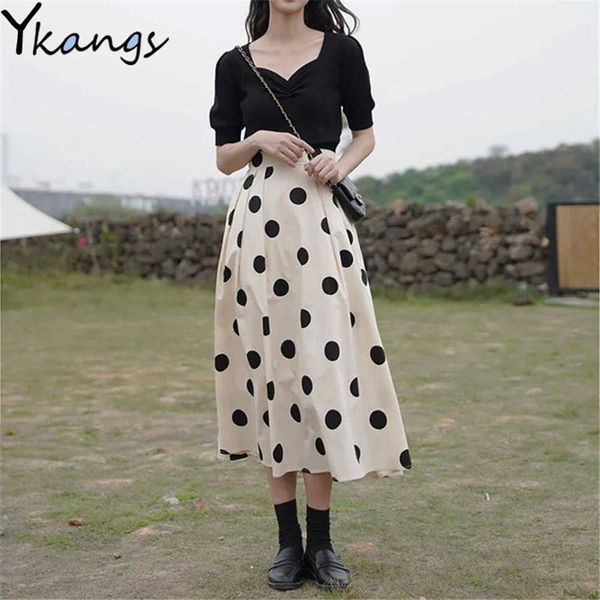 

women polka dot a-line skirt summer soft elastic high waist elegant lady skirt office ladies casual female skirt black white 210619
